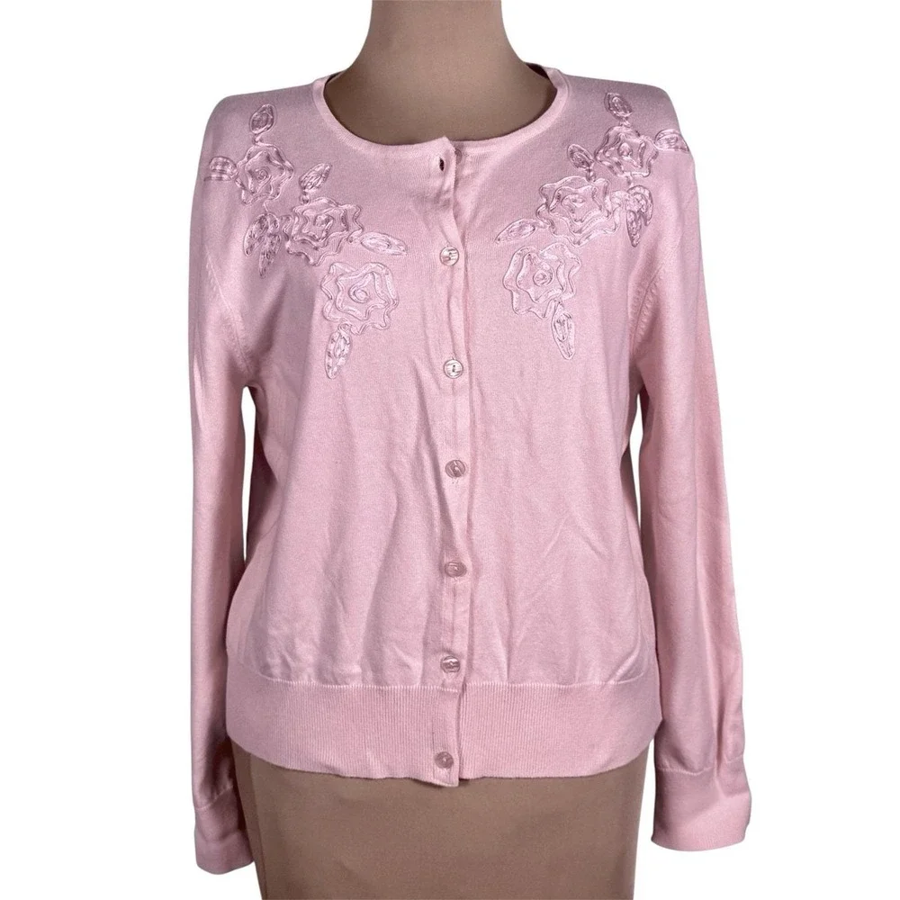 Fieldgear In Bloom Pastel Pink Floral Ribbon Appliqué Cardigan Sweater NWT L Vtg